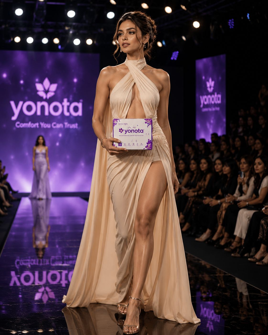 Woman carrying Yonota packaging on a runway