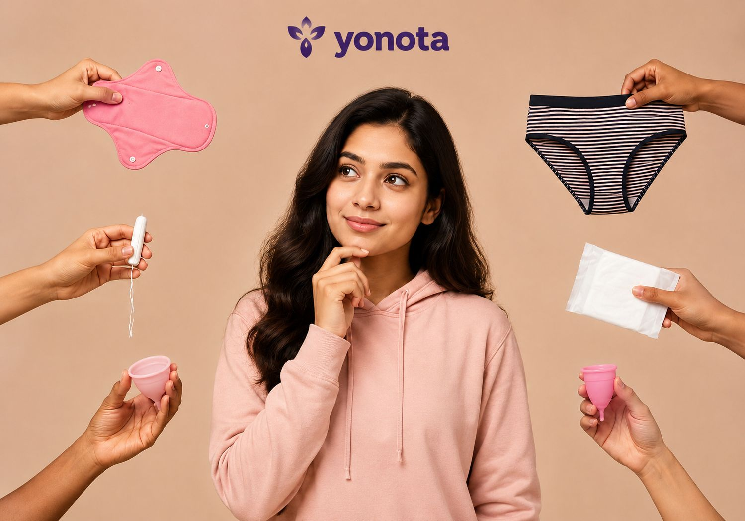 Woman considering different menstrual care product options