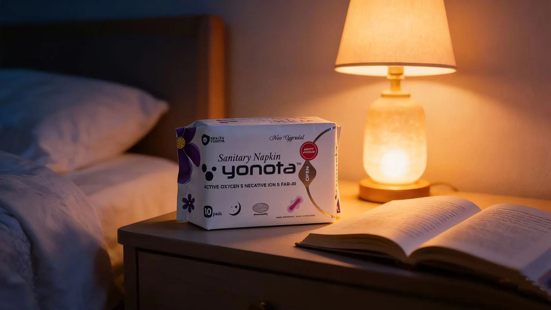 Yonota sanitary napkin pack in a calm bedroom setting